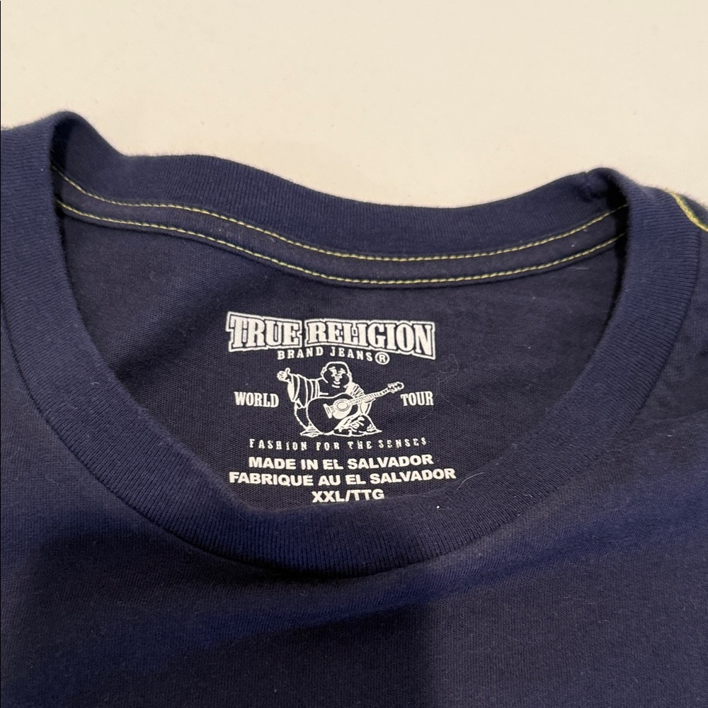 Y2K Men XXL True Religion Nostalgic Navy Retro Bold Fall Football Autumn Tee - Picture 6 of 16